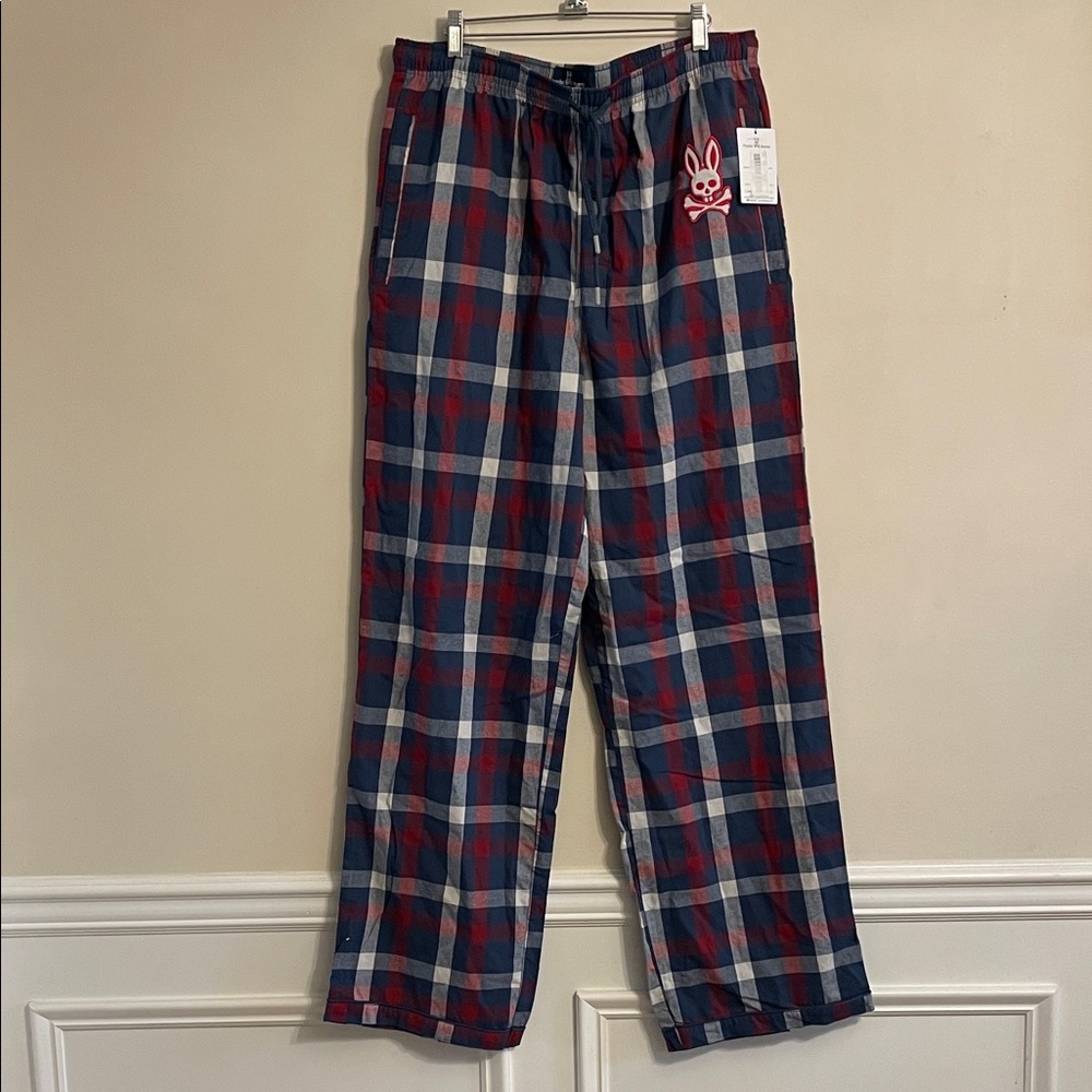 NWT Psycho  Bunny Men Pajama Lounge Pants Plaid XL Cotton Skull Bunny Logo